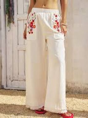 Umgee Cream Wide-Leg Linen Blend Pants with Colorful Embroidered Pockets